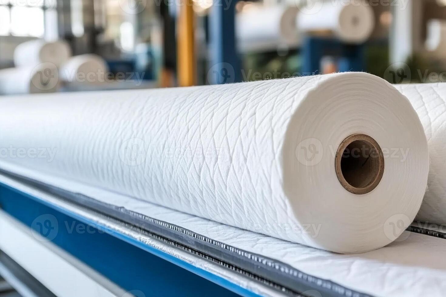 Rolls of white fabric on a conveyor belt photo