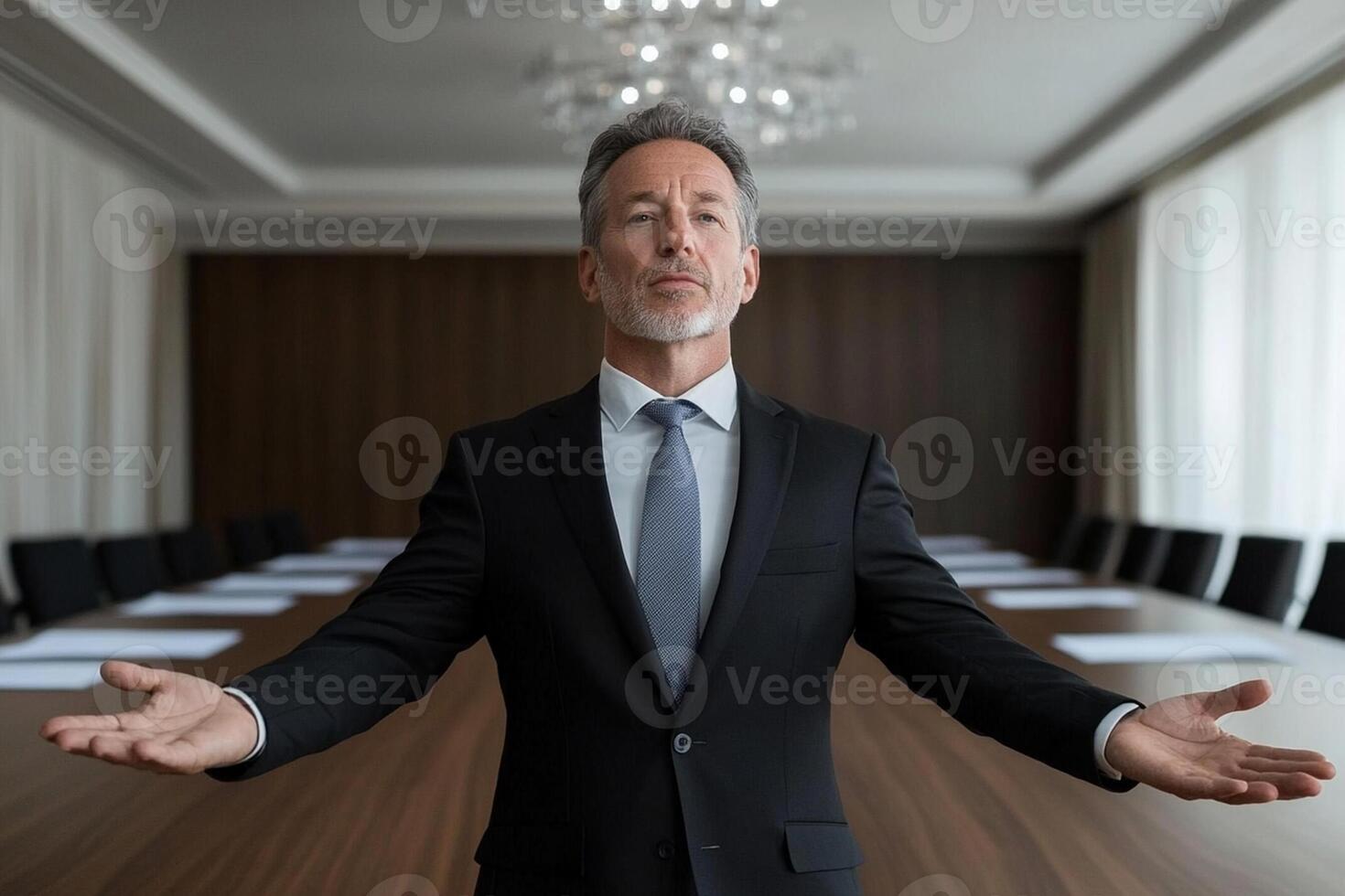 A man in a suit standing in front of a conference table photo