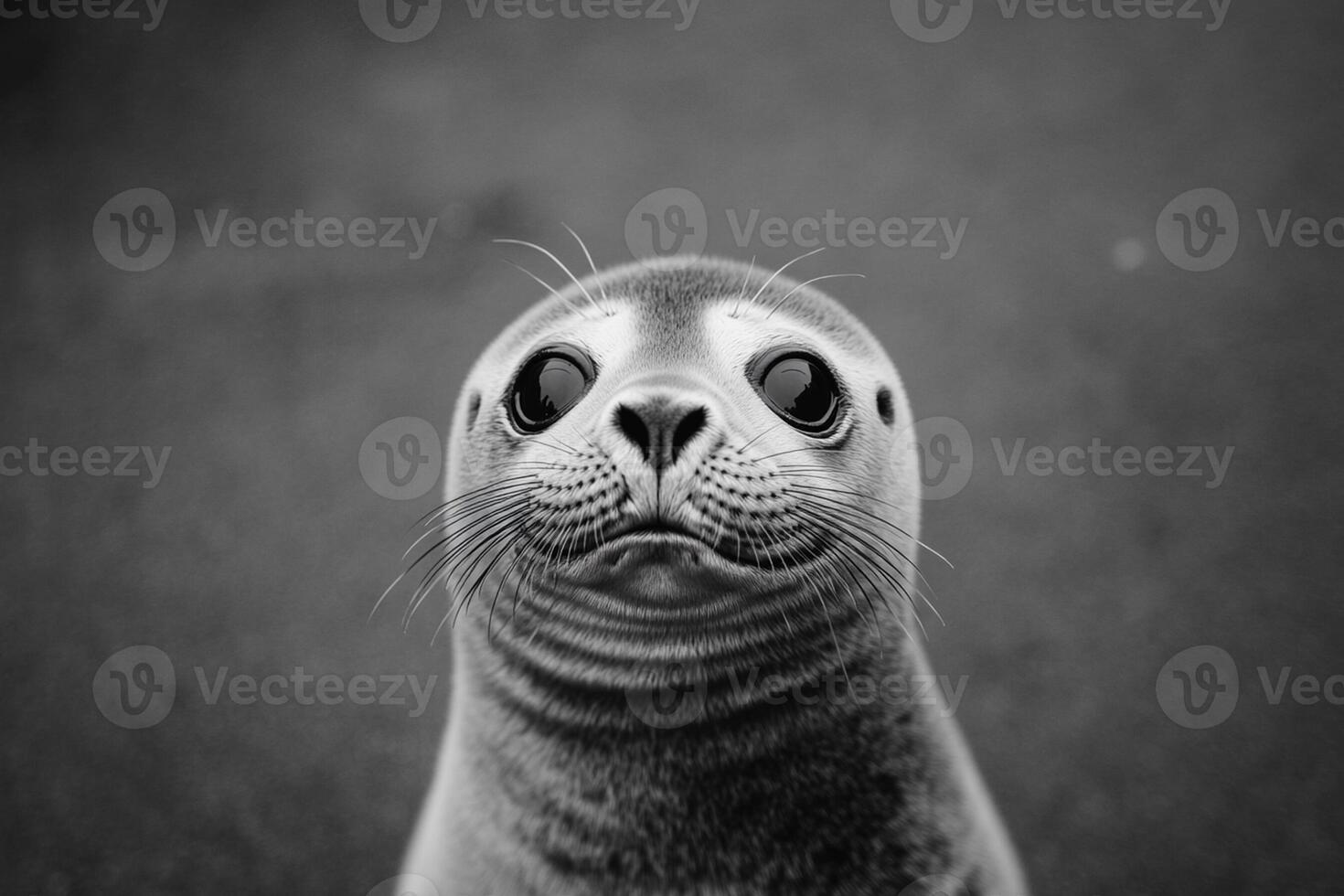 A black and white photo of a seal looking at the camera