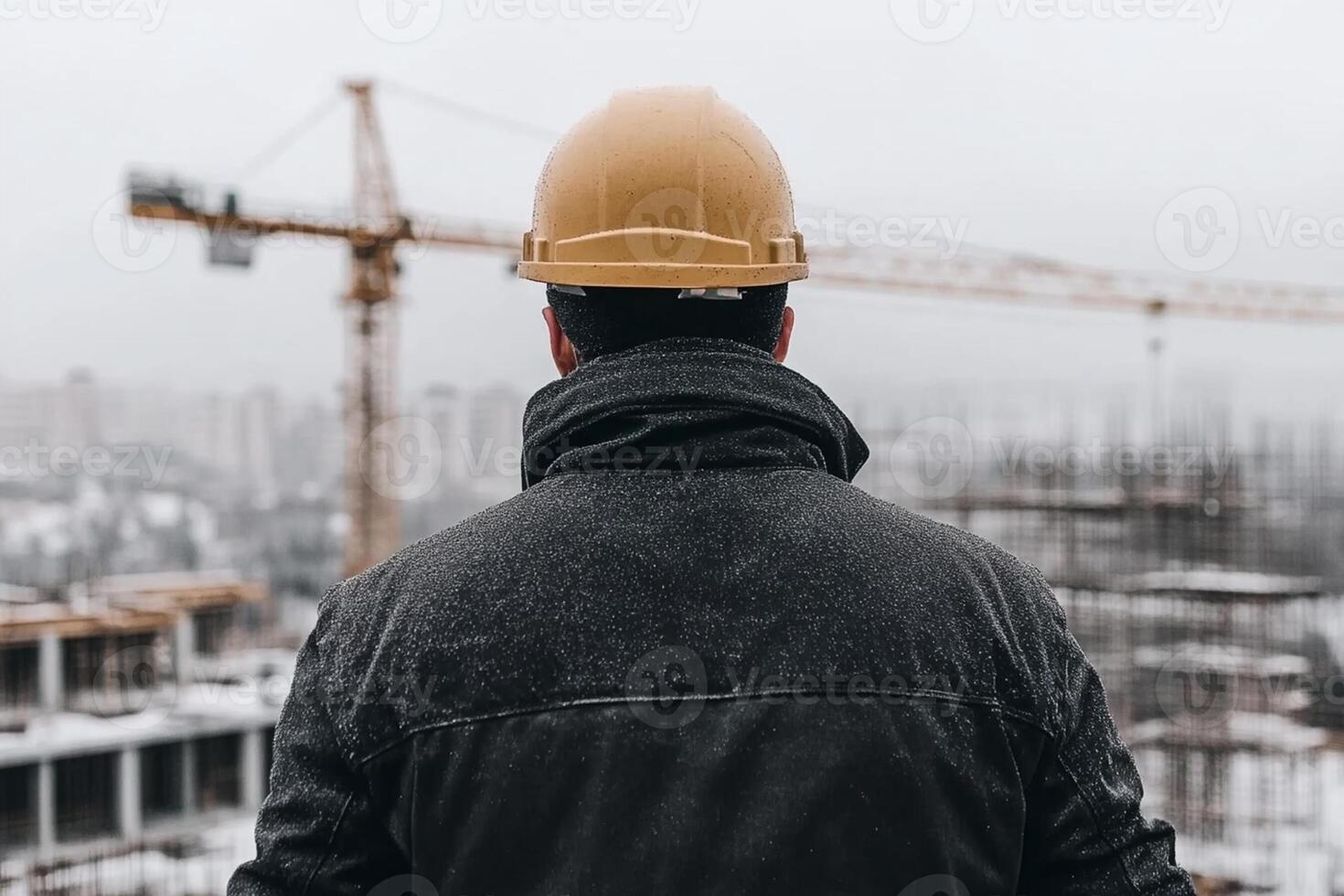 A man in a hard hat looking at construction site photo
