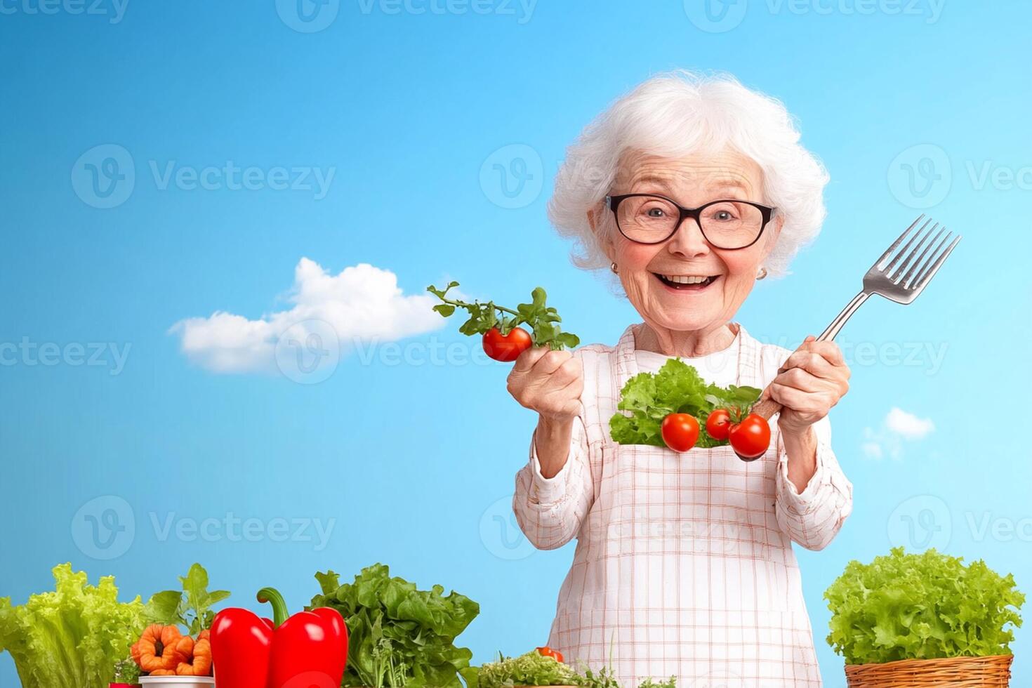 An old woman holding a fork and knife with vegetables photo