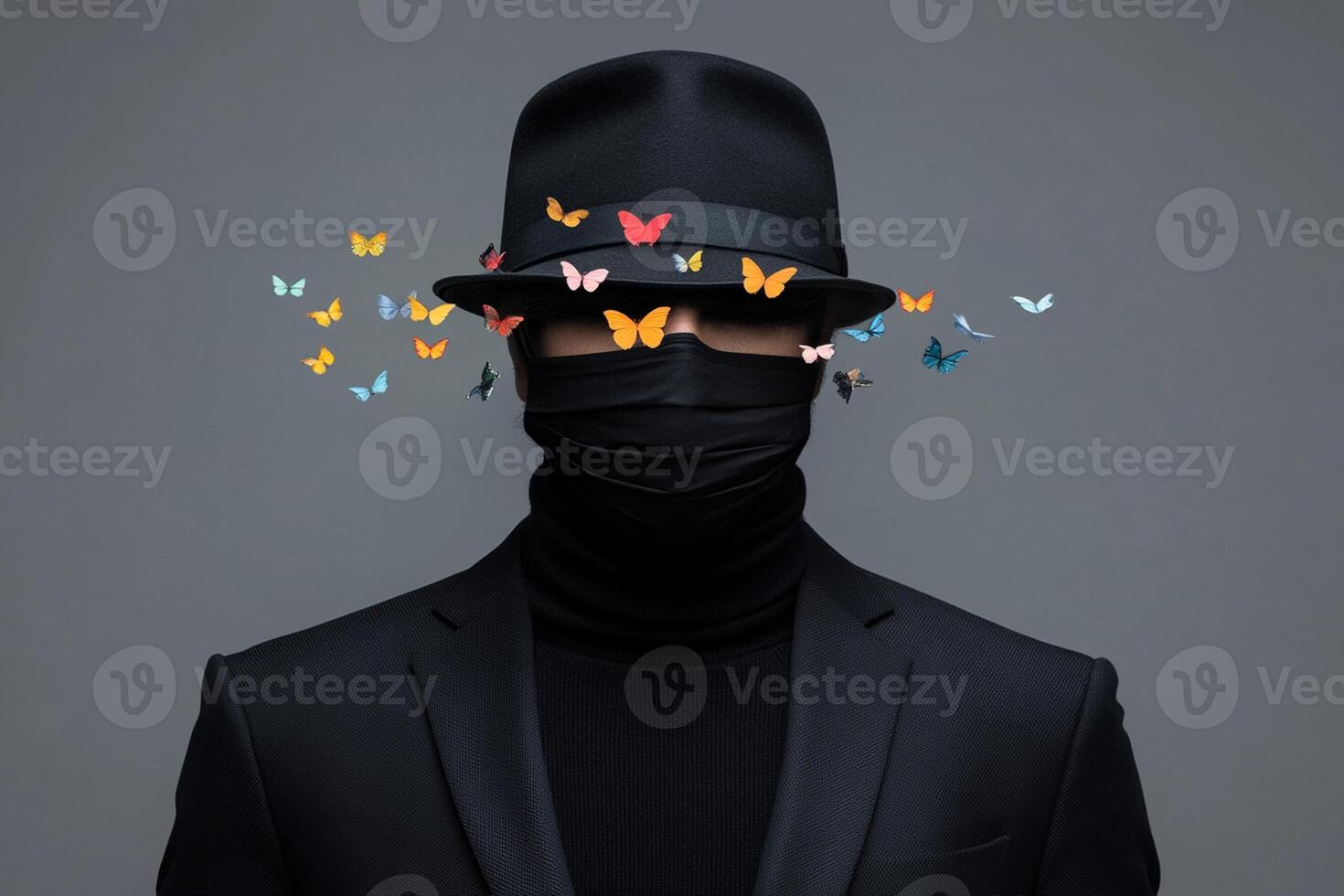A man in a black suit with a black hat and butterfly wings photo