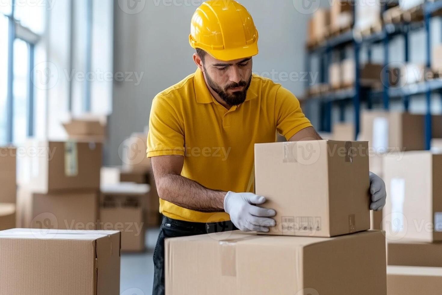 A man in a yellow shirt and hard hat is working in a warehouse photo