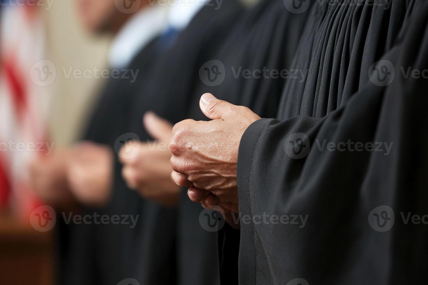 A group of judges are standing in front of an american flag photo