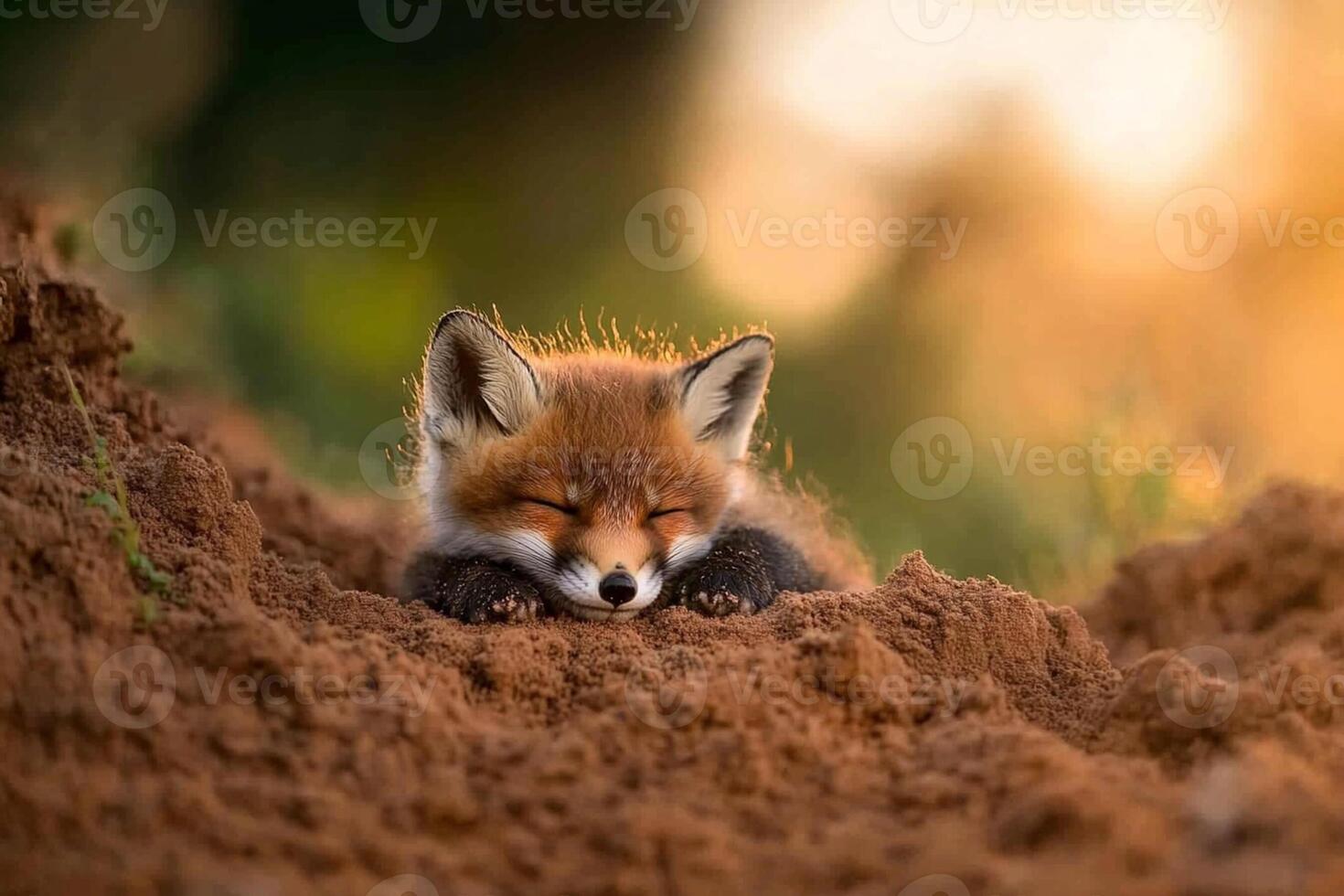 A fox sleeping in the dirt photo