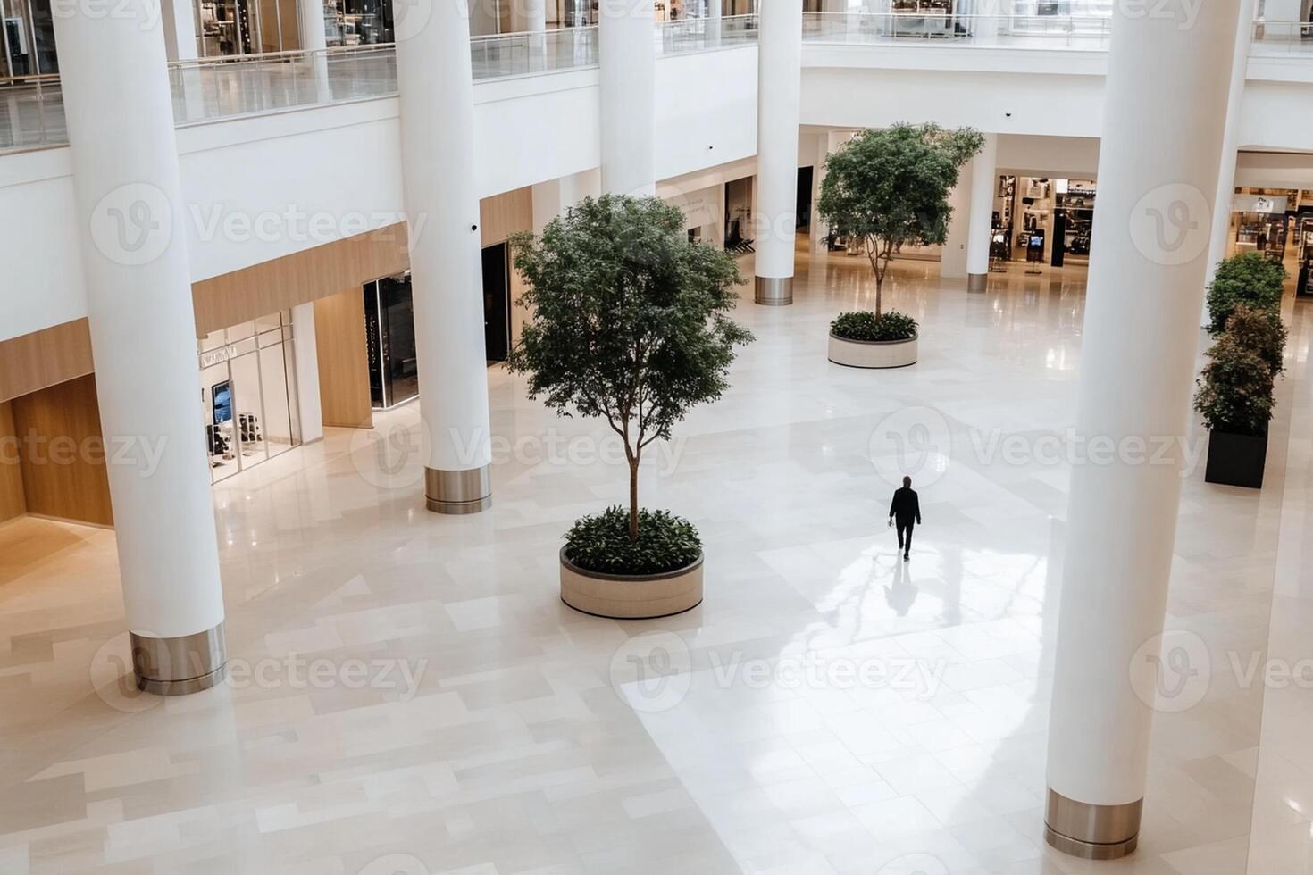 A person walking through a mall with lots of trees photo