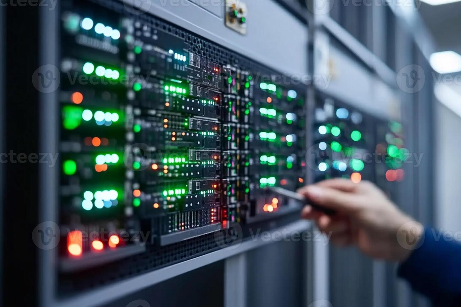 A person is pointing at a server with multiple lights photo