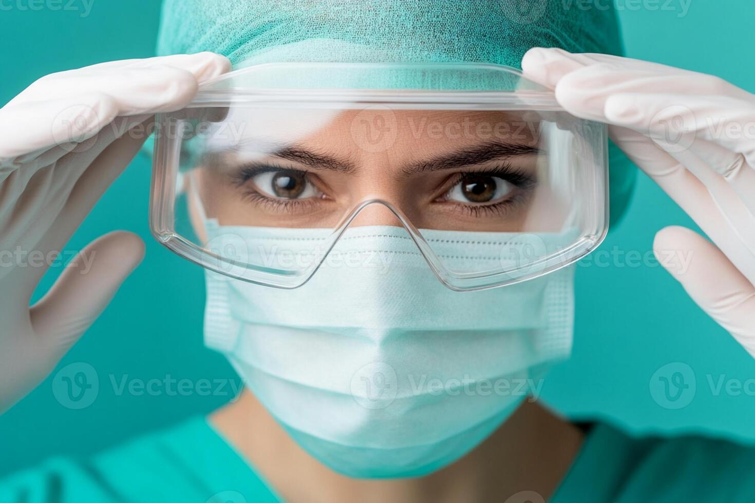 A woman in a surgical mask and gloves is holding up a pair of goggles photo