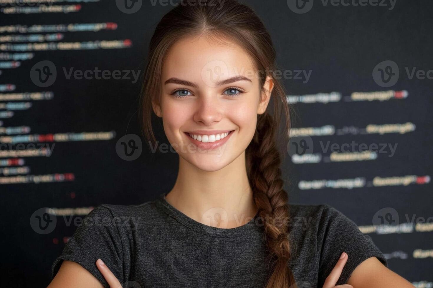 A smiling young woman with her arms crossed in front of a computer code photo