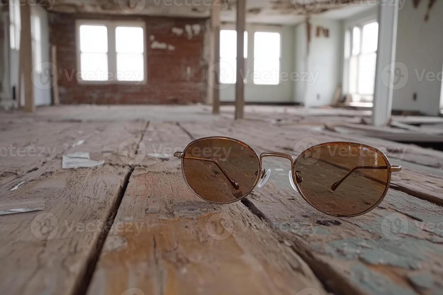 Sunglasses on wooden floor in abandoned building photo