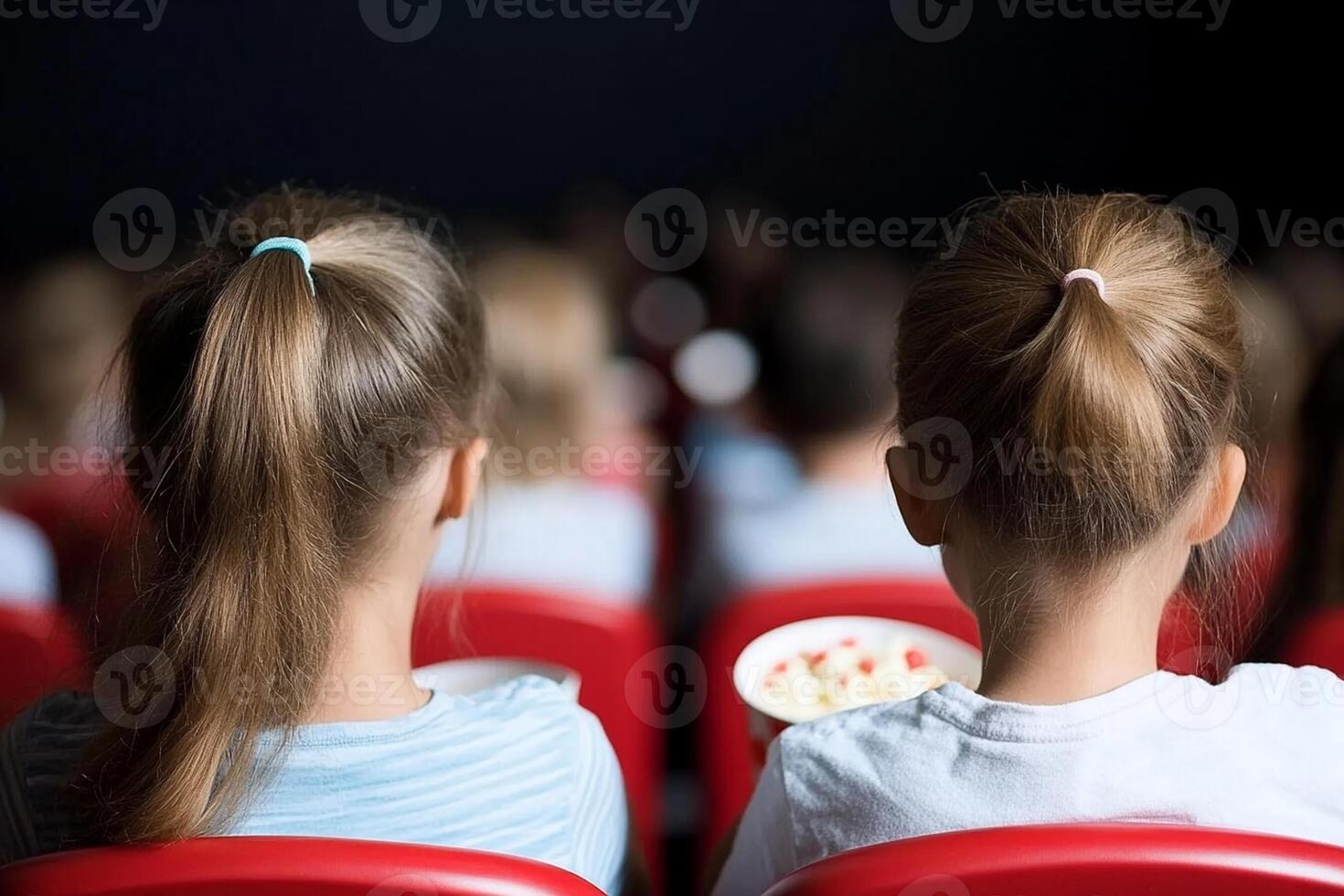 Two little girls sitting in red chairs watching a movie photo