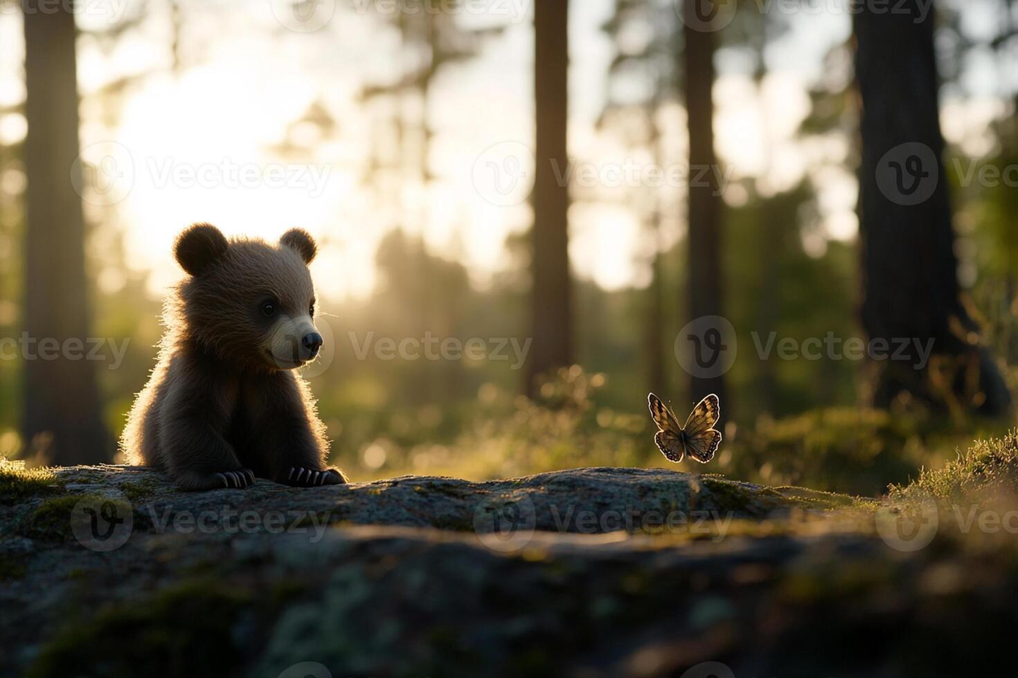 A bear sitting on a rock in the woods photo
