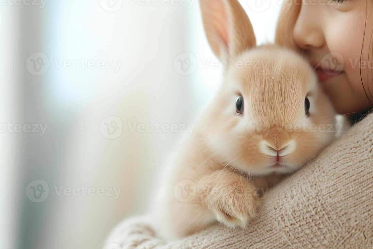 A little girl is hugging a rabbit photo