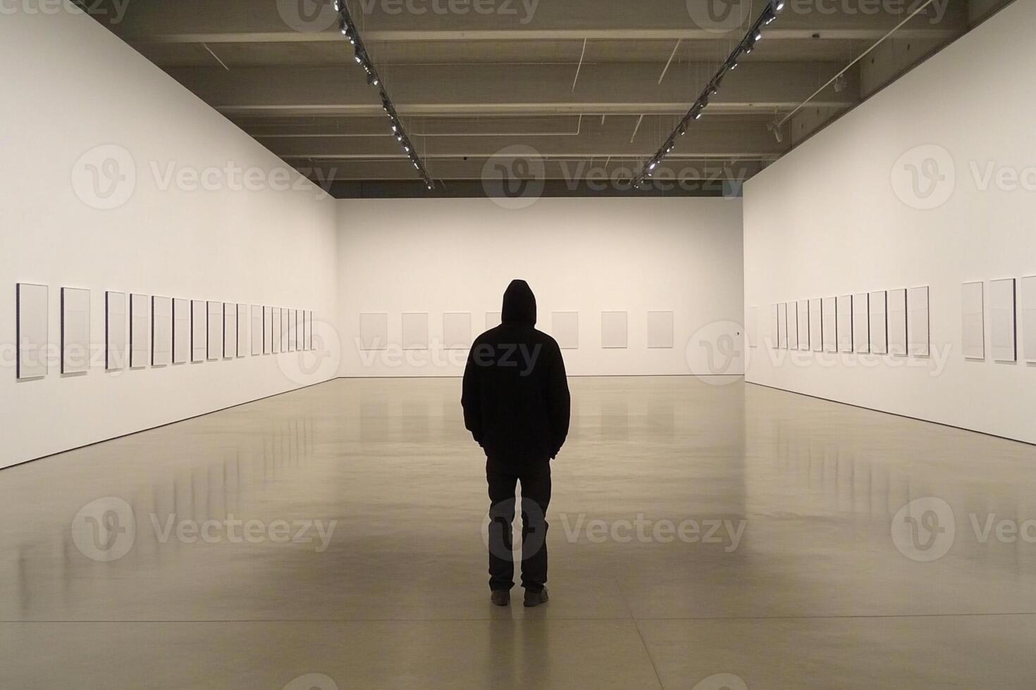 A person standing in an empty room with white walls photo