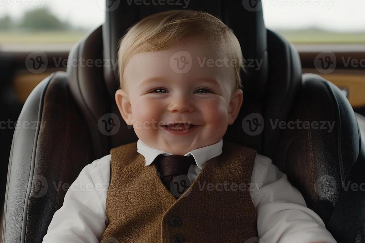 A baby in a suit and tie sitting in a car seat photo