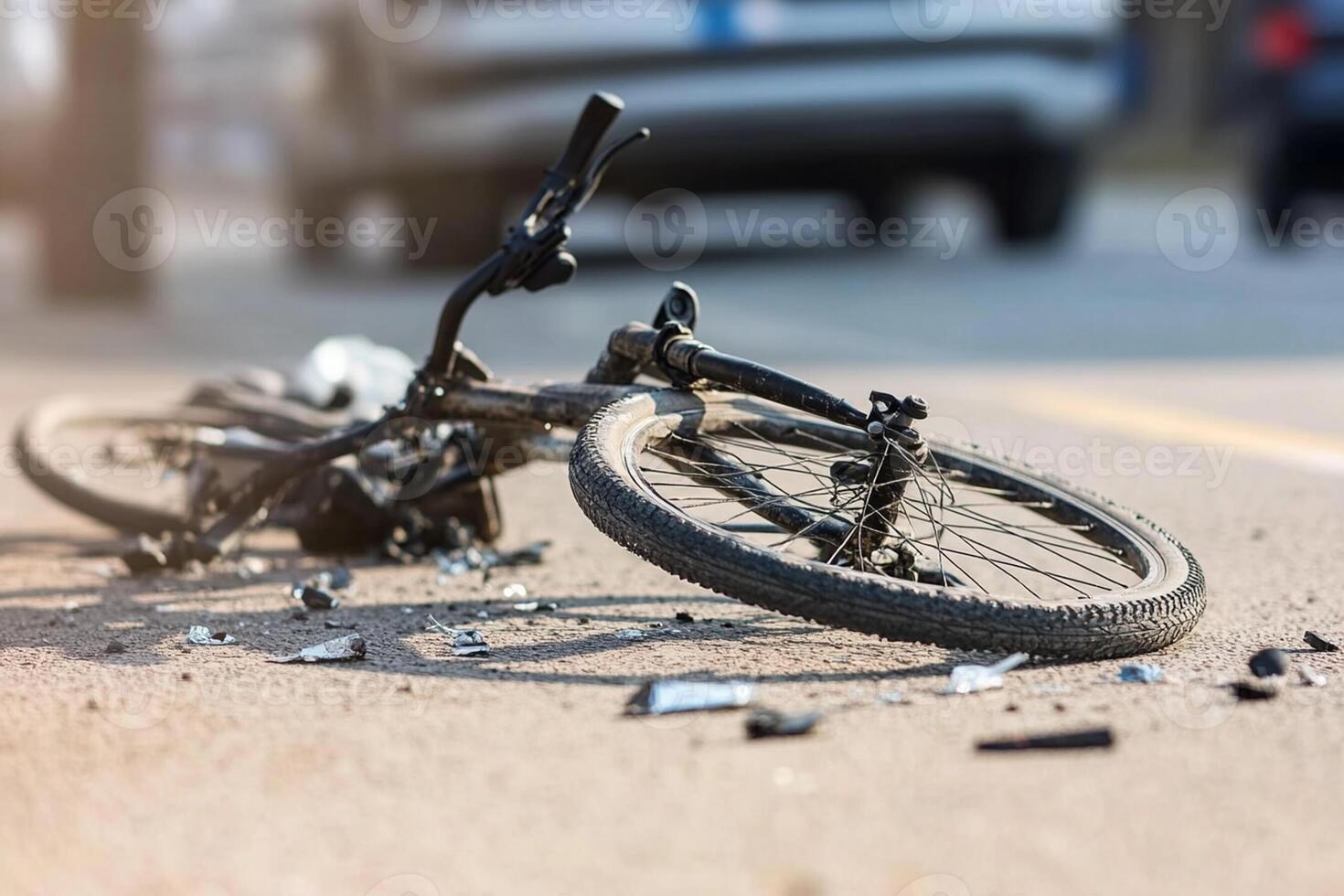 A bicycle is lying on the ground next to a car photo