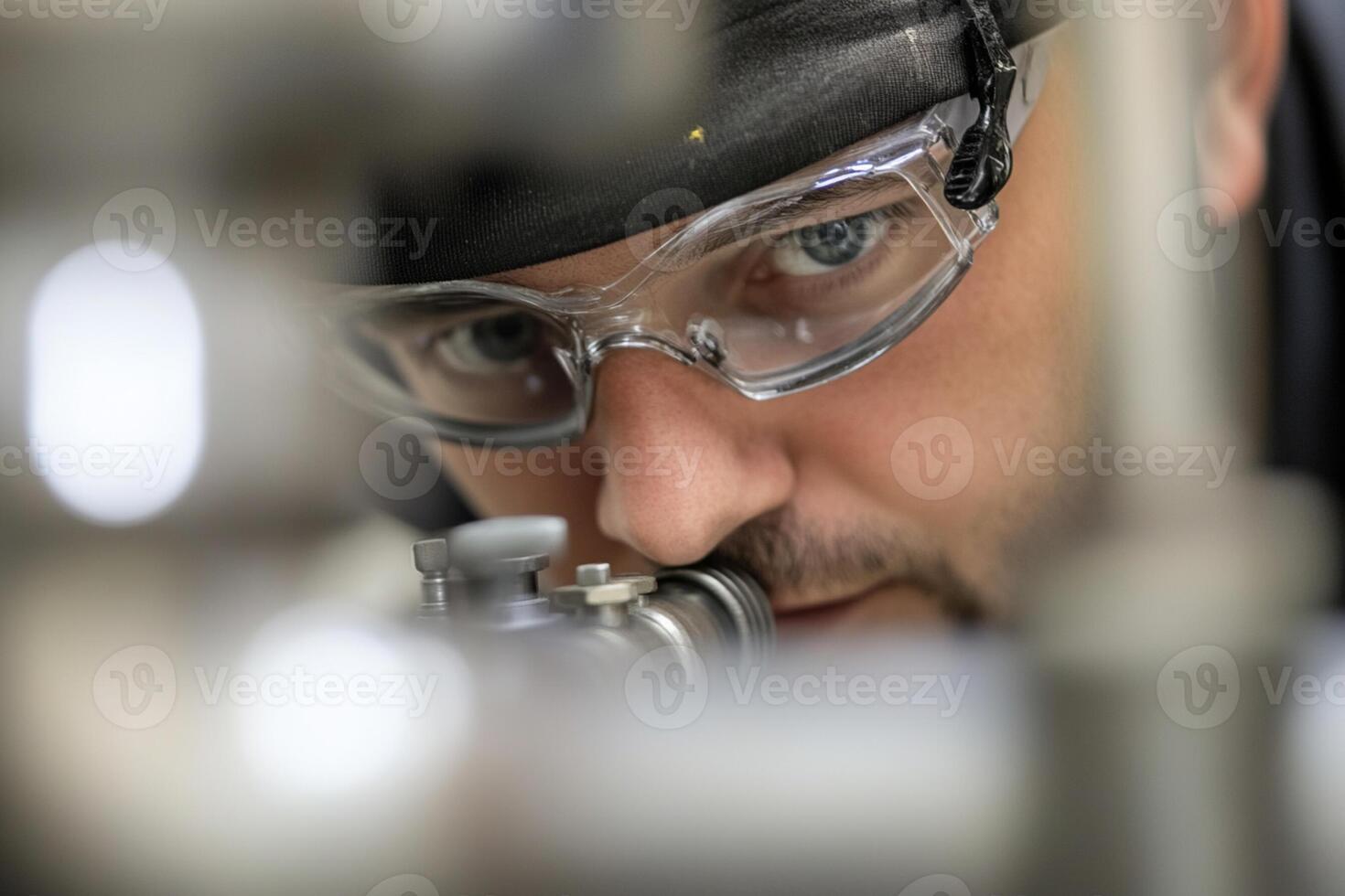 A man wearing glasses and a hat looking through a pipe photo