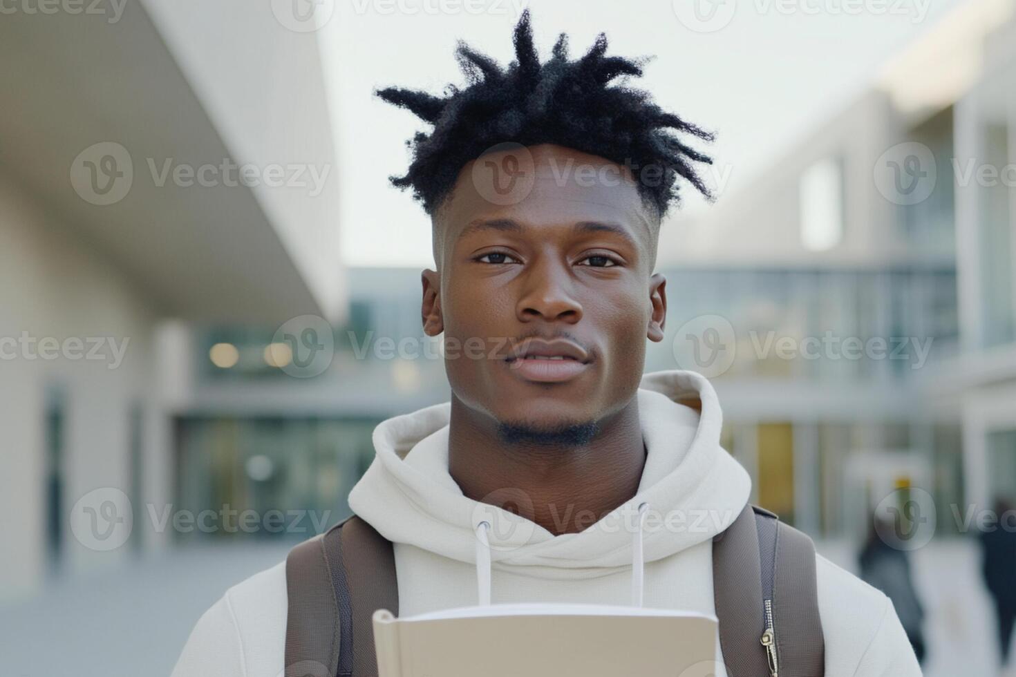 A young man with dreadlocks holding a book photo