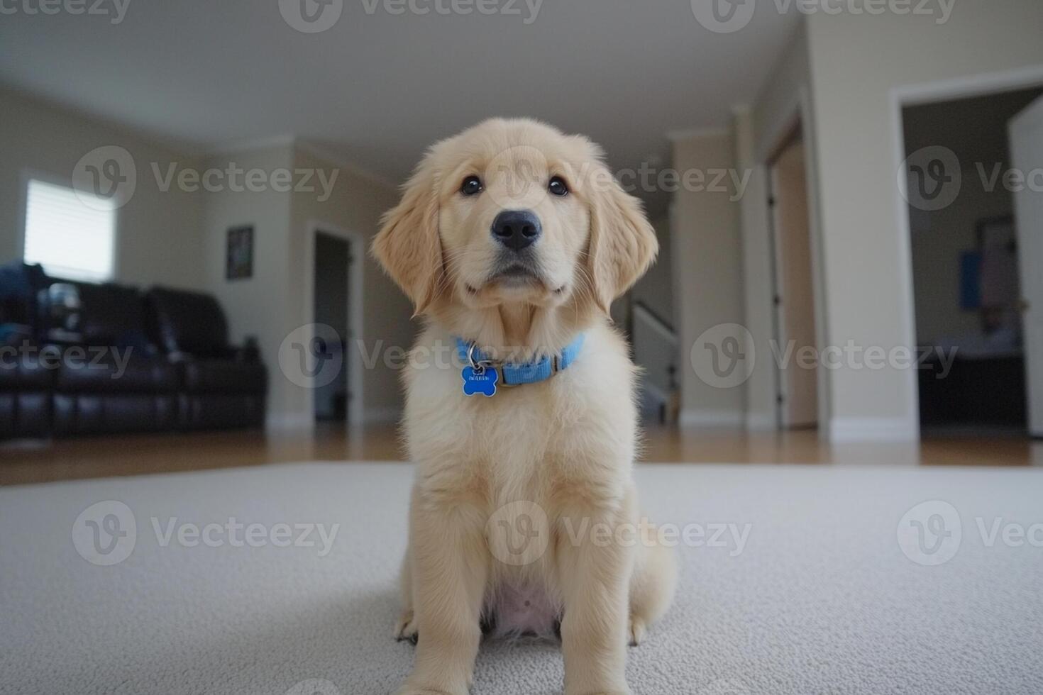 A golden retriever puppy sitting on the floor in a living room photo