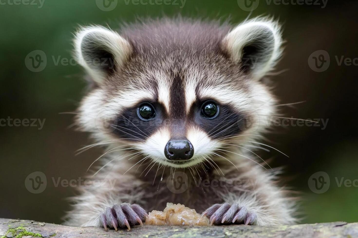 A raccoon is looking at the camera with its eyes wide open photo