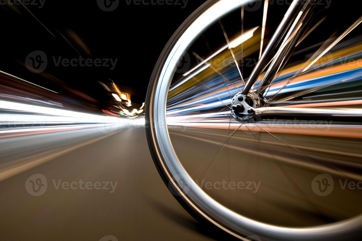 A bicycle wheel is seen in motion on the road photo