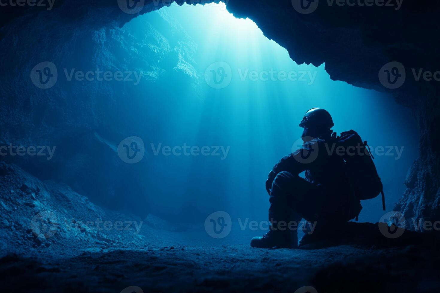A man sitting in the dark inside of a cave photo