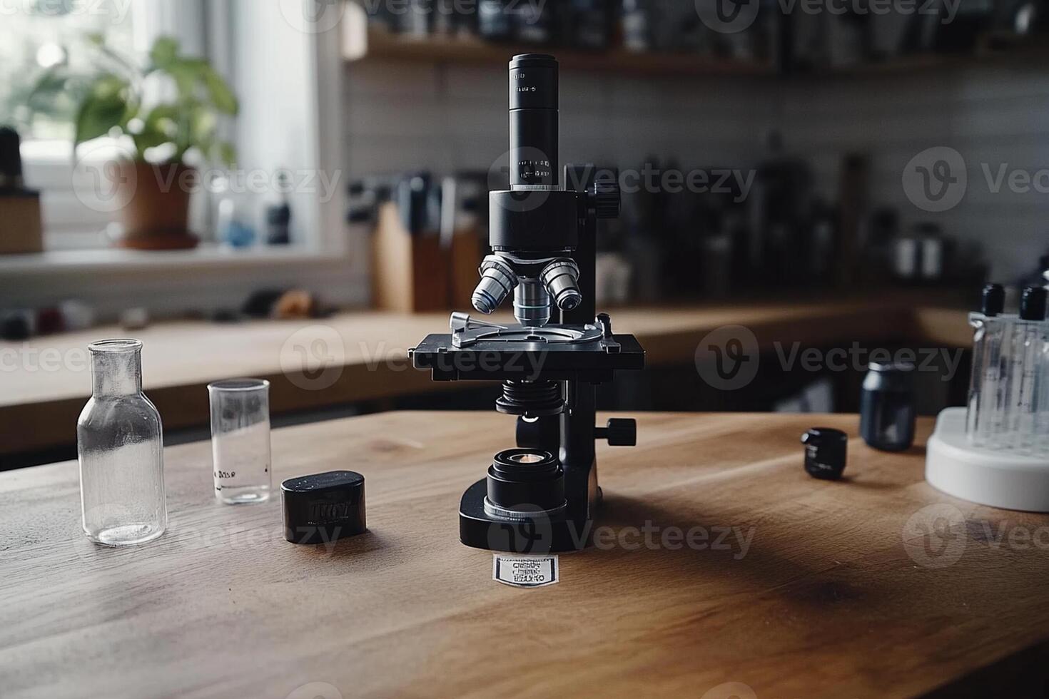 A microscope on a table in a kitchen photo