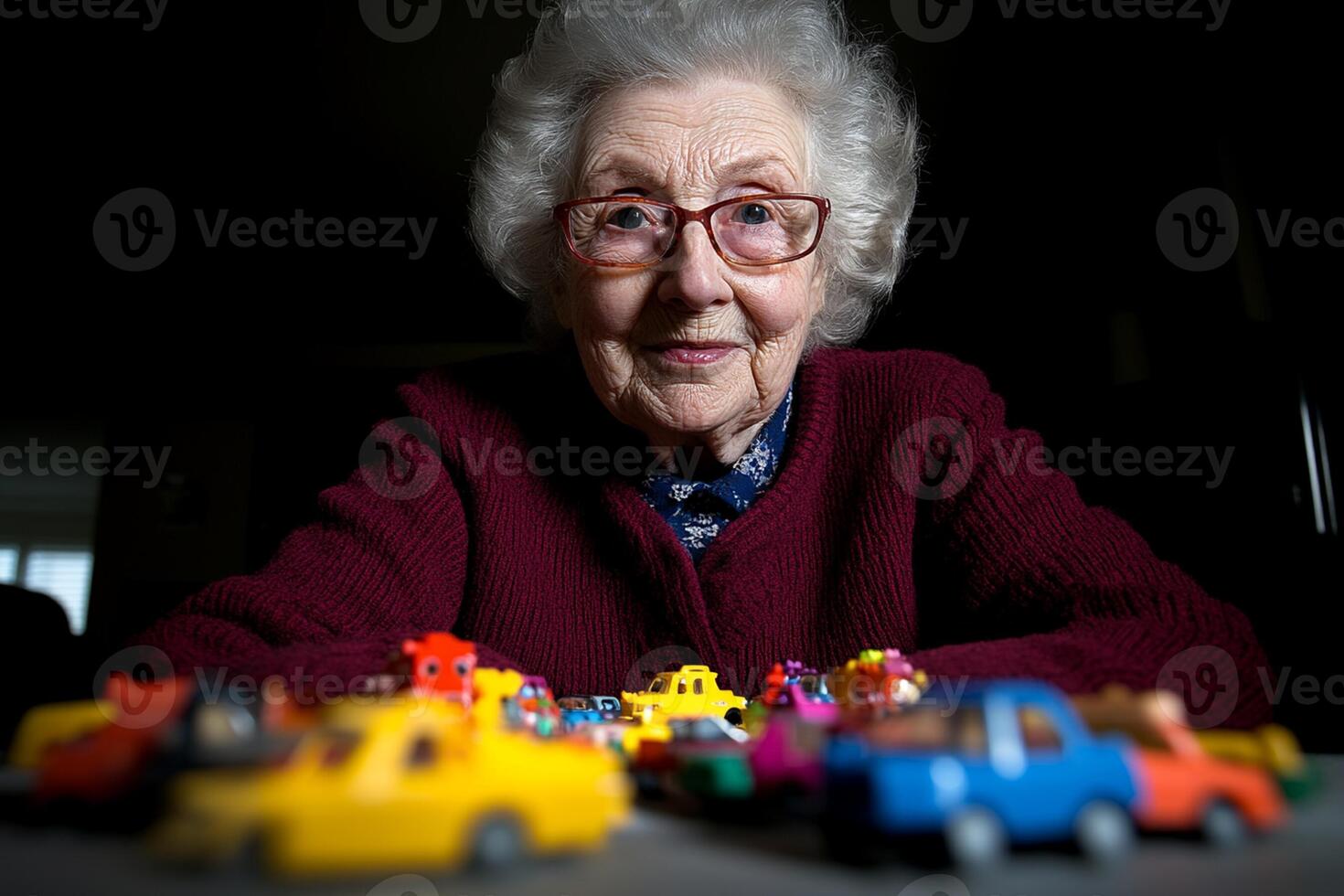 An elderly woman with glasses and toys in front of her photo