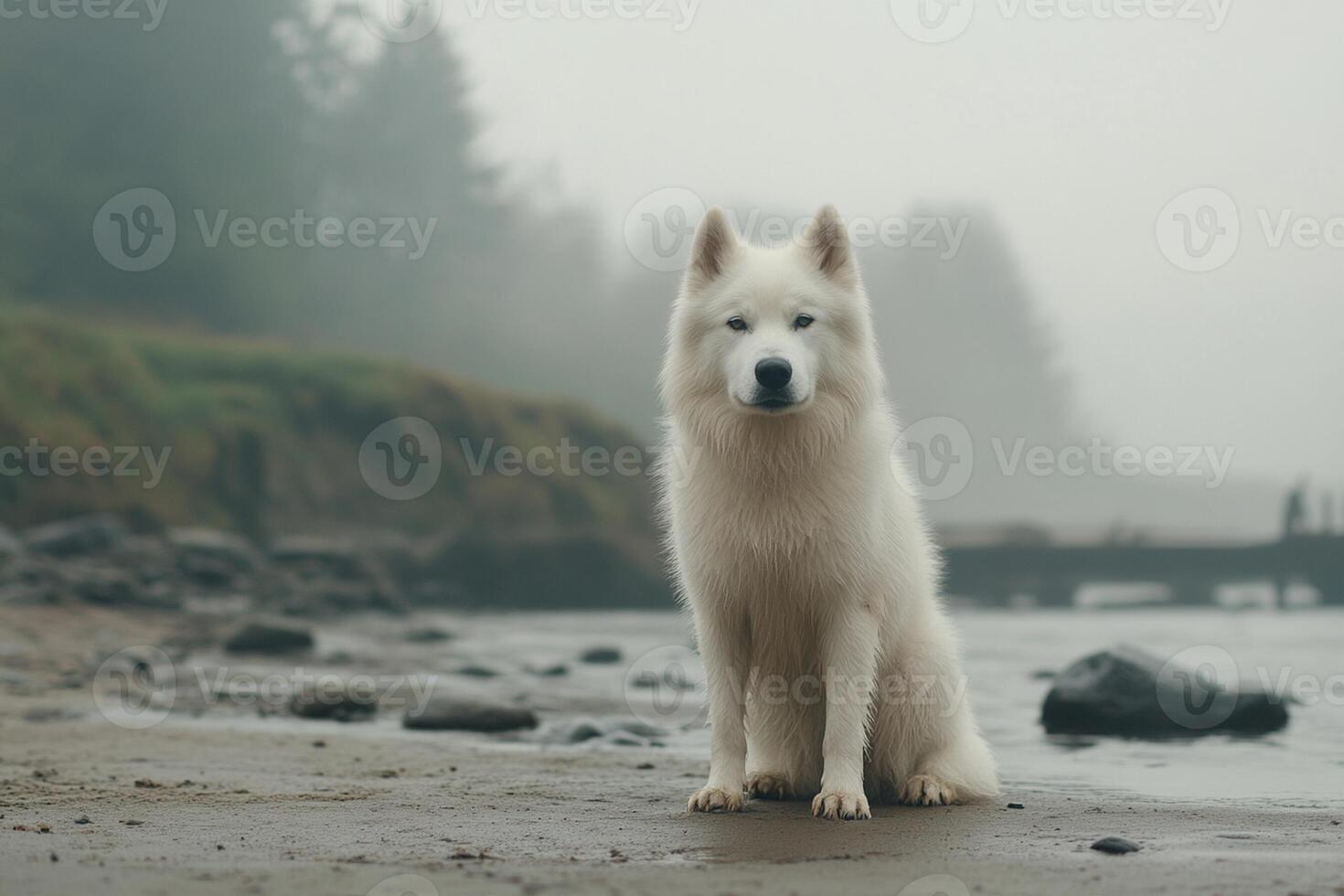 A white dog sitting on the beach in the fog photo