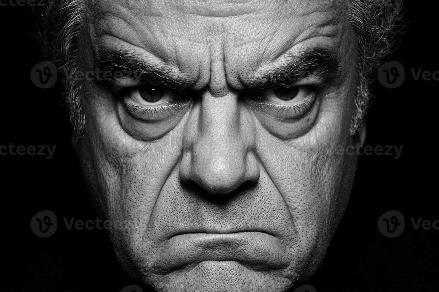 A black and white photo of a man with an angry face