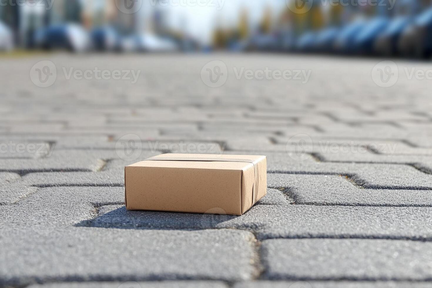 A cardboard box sitting on the ground in front of a car photo