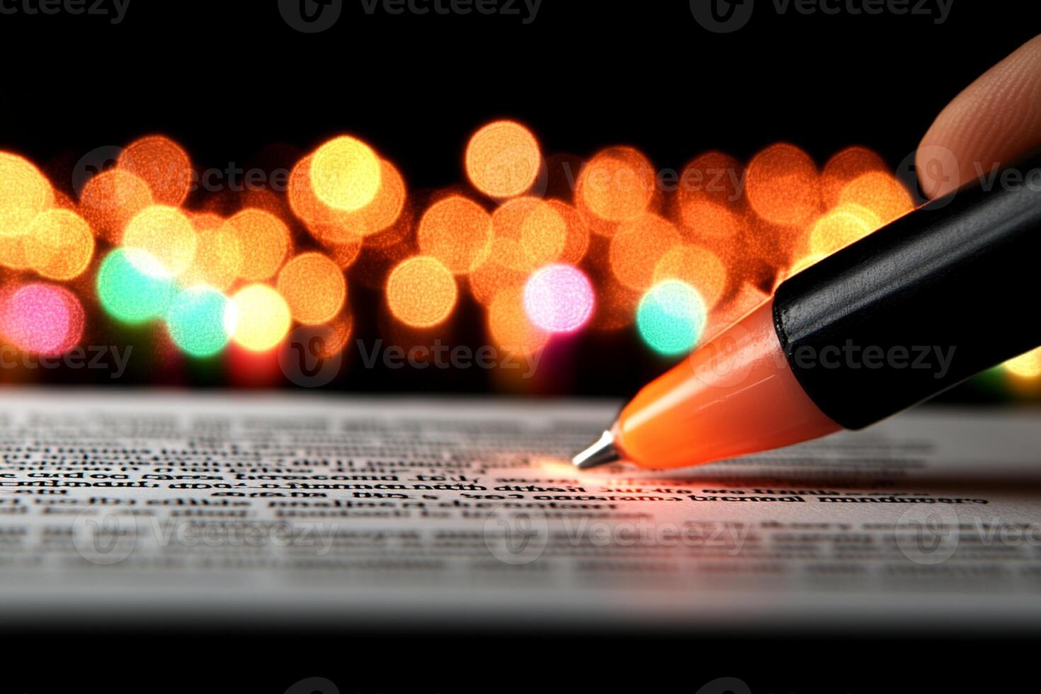 A pen is writing on a document with a blurred background of christmas lights photo