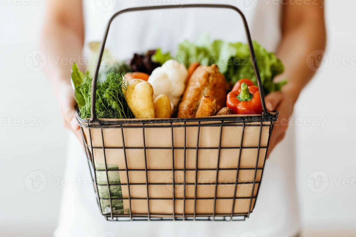A woman holding a basket full of vegetables and meat photo