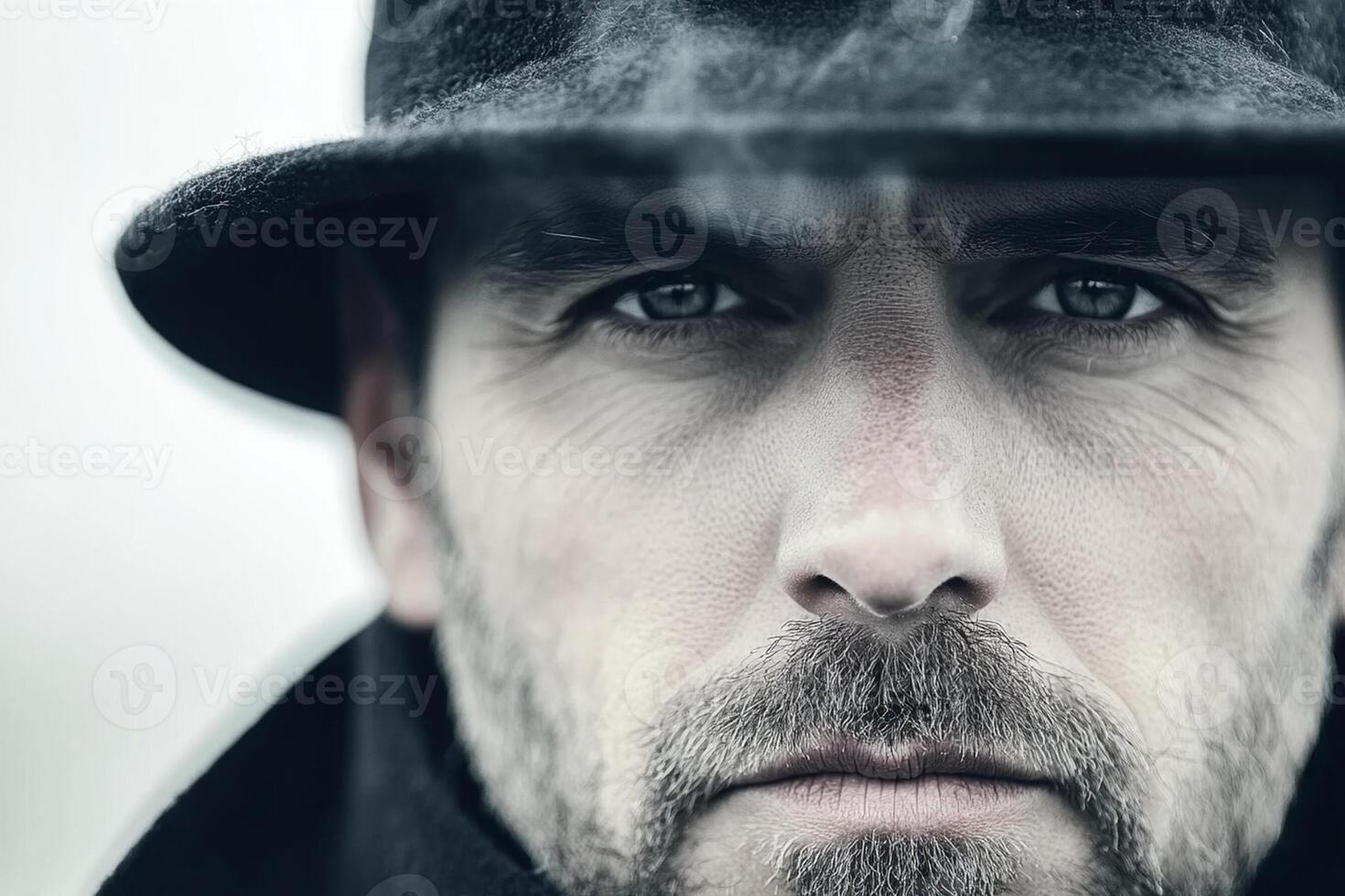 A man in a hat and coat looking at the camera photo