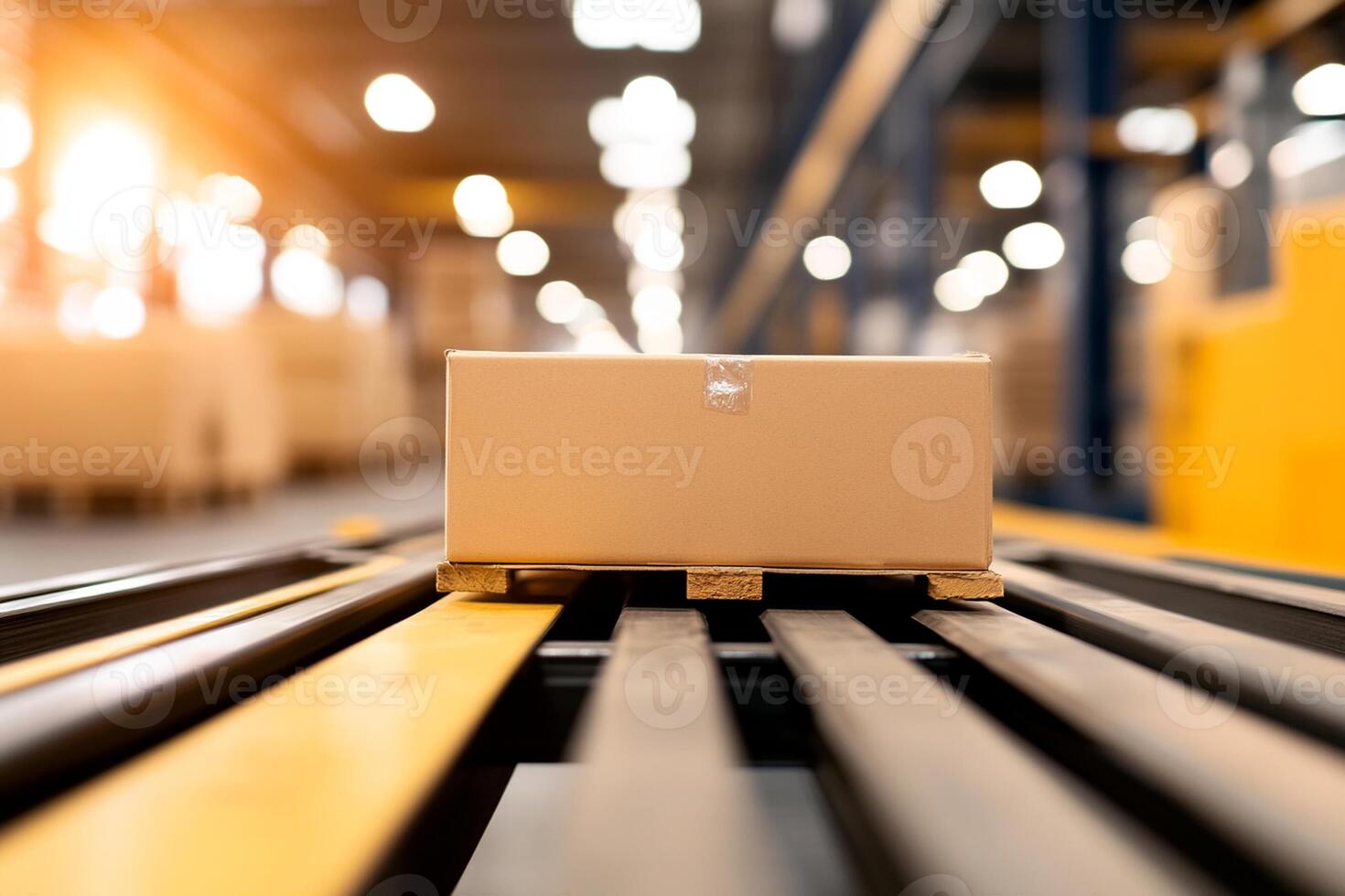 A box on a conveyor belt in a warehouse photo