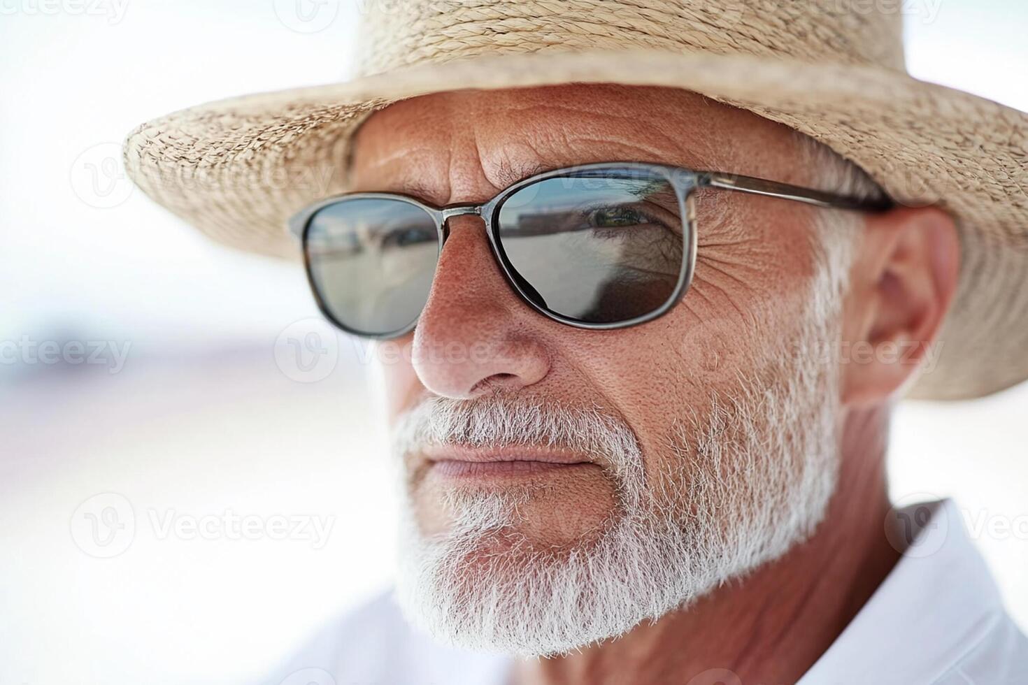 An older man wearing sunglasses and a hat photo