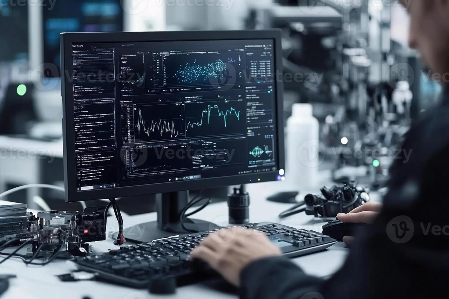 A man is working on a computer with a monitor and keyboard photo