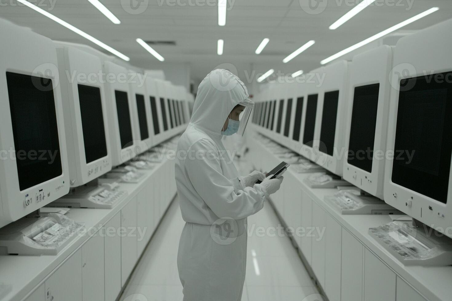 A person in a white suit standing in front of a row of computers photo