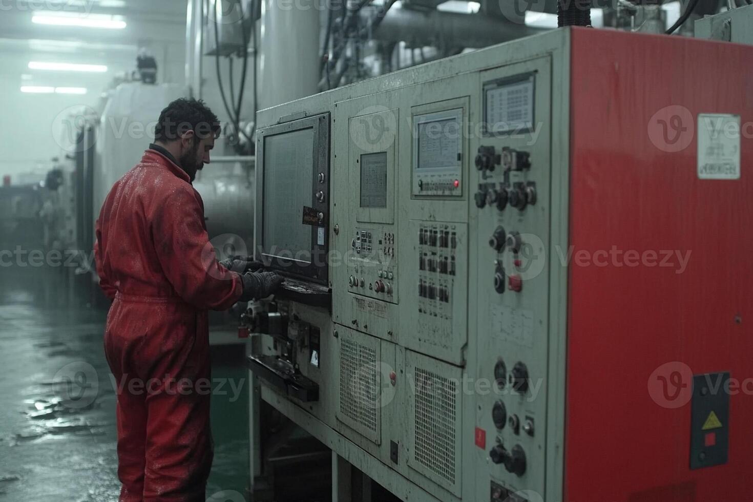 A man in a red suit is working on a machine photo