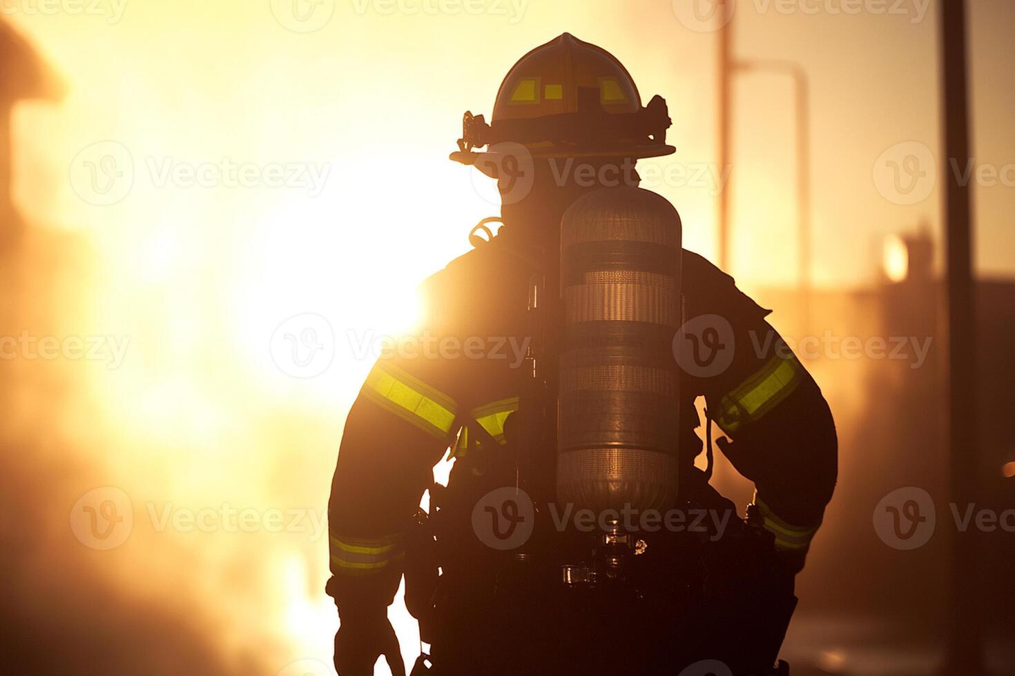 A firefighter walking in the street with a hose photo