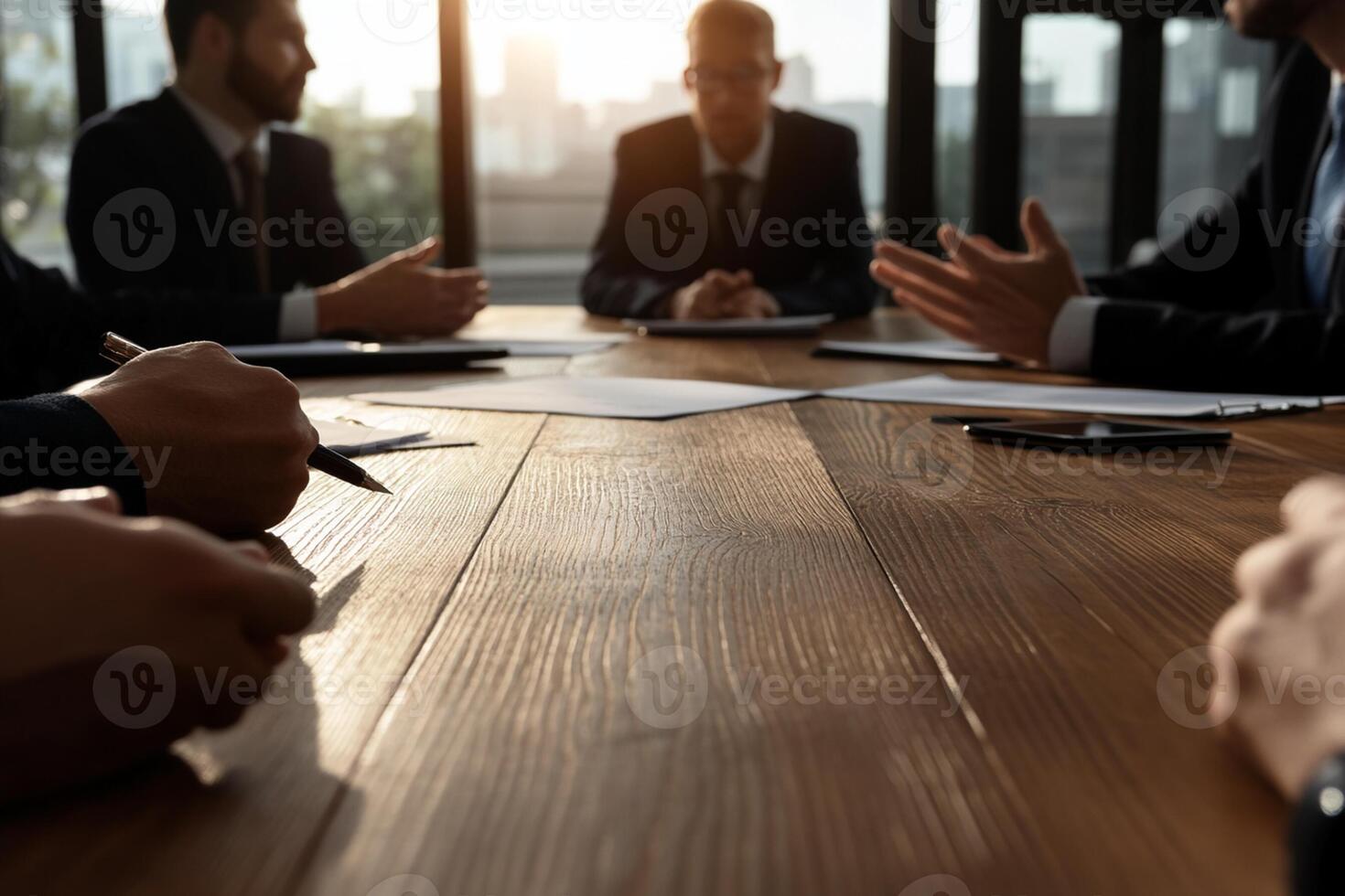 Business people sitting at a conference table photo