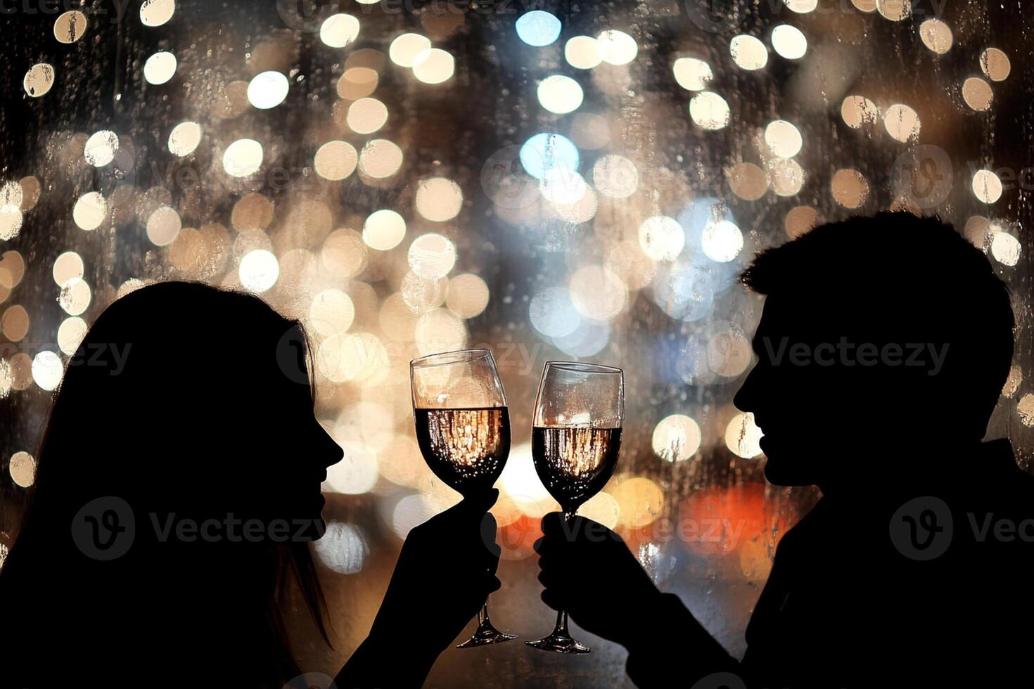 Two people holding wine glasses in front of a lighted background photo