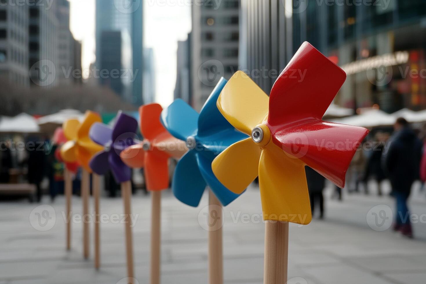 A row of colorful pinwheels on poles in front of a building photo