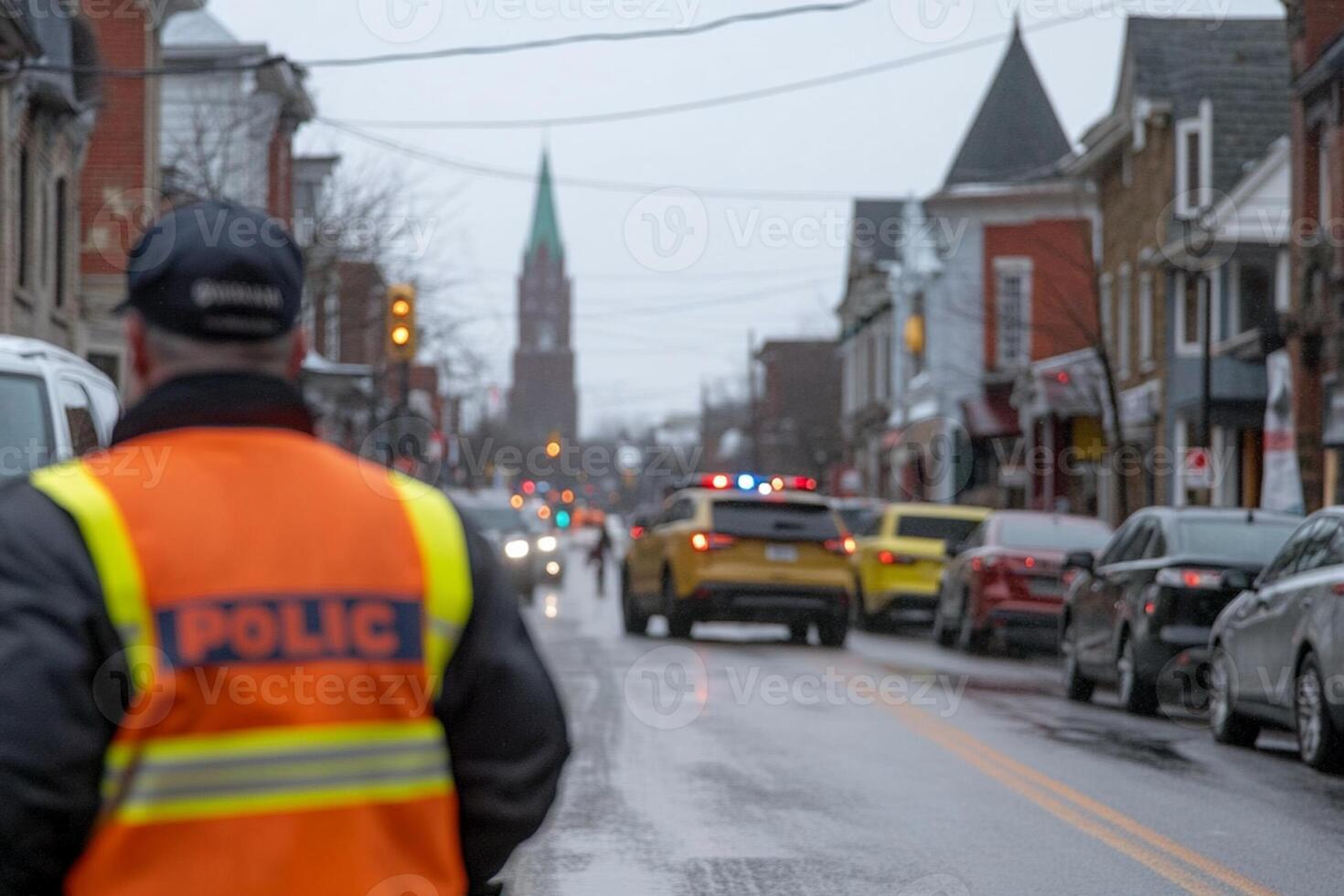 A police officer stands on a street in the rain photo