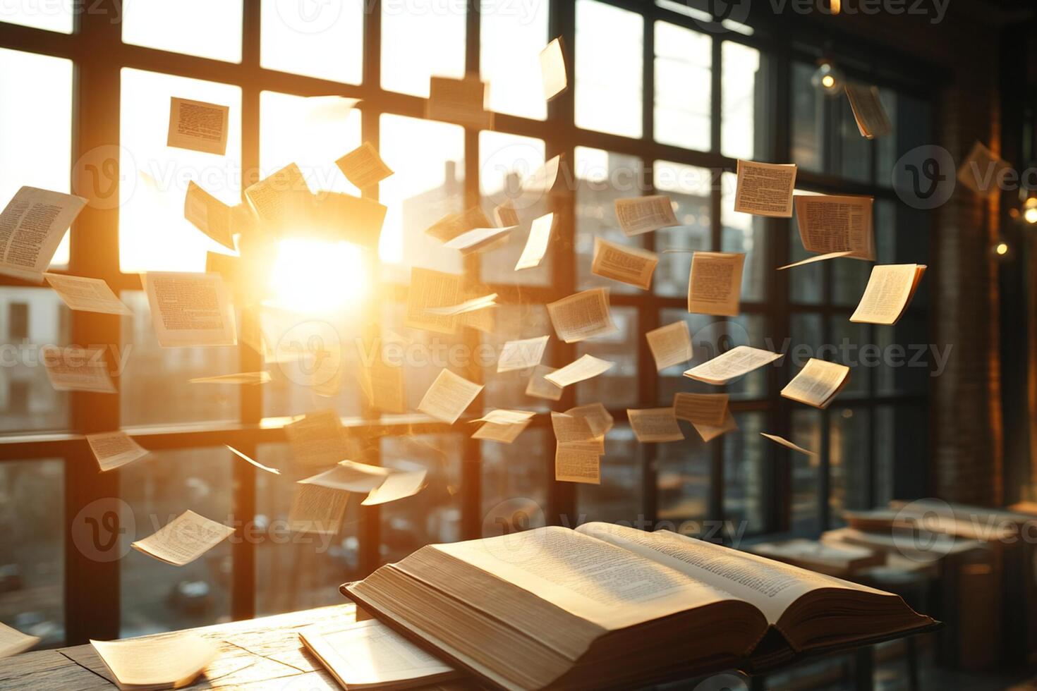 A book is flying through the air with the sun shining through the window photo