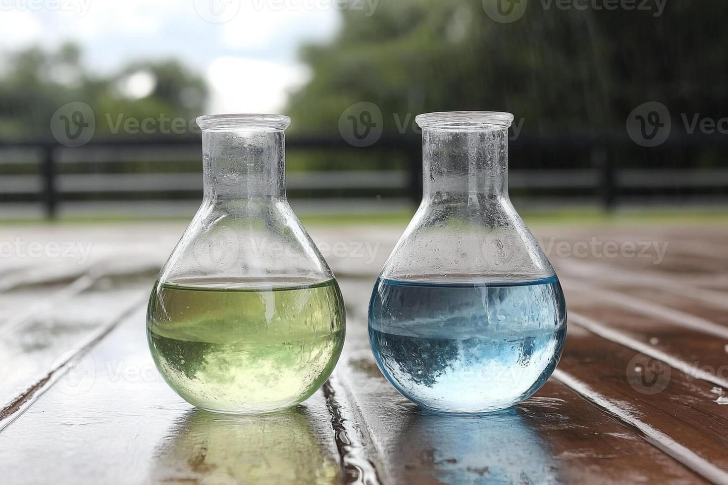 Two glass beakers with liquid in them on a wooden table photo