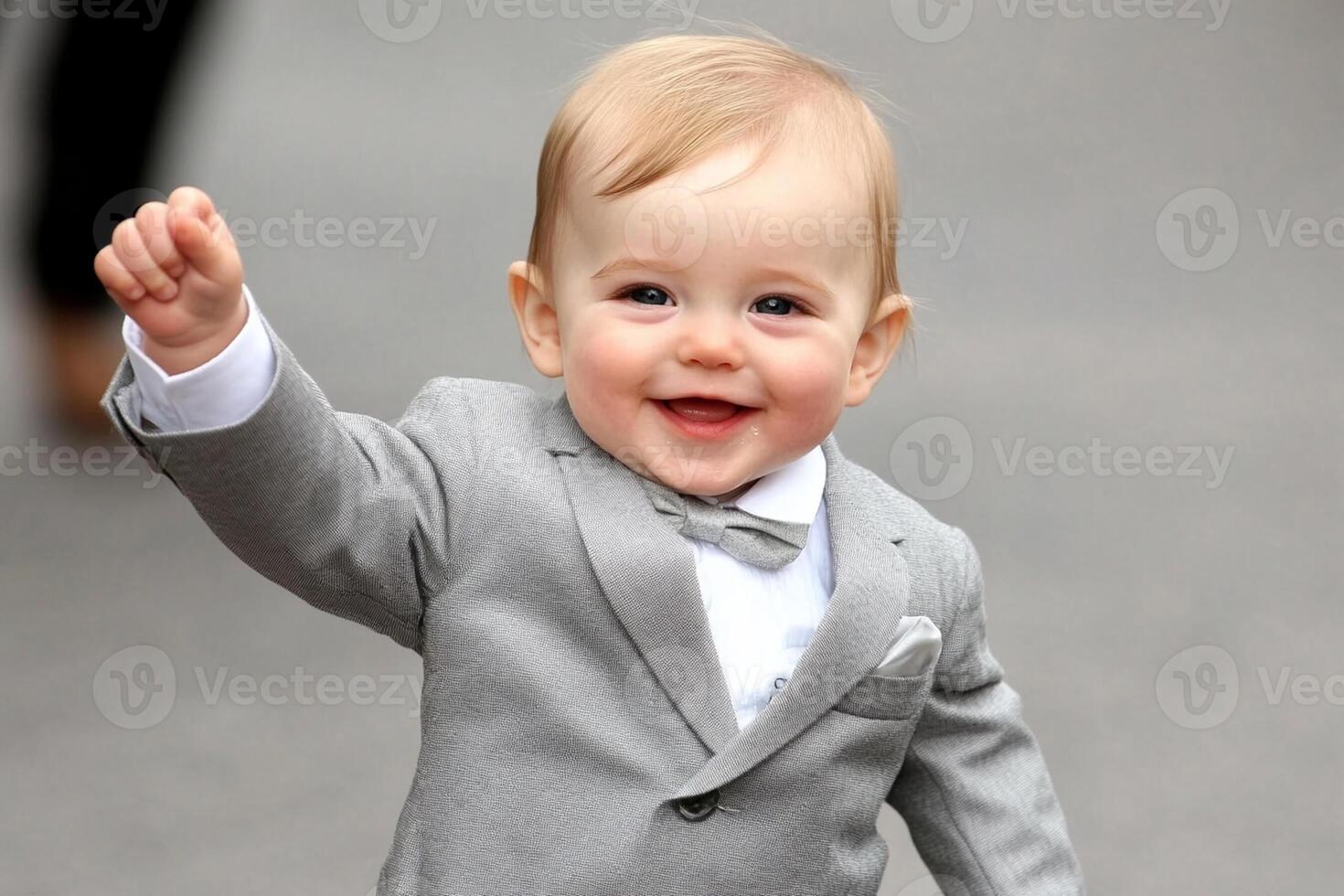 A baby in a suit is waving his hand photo