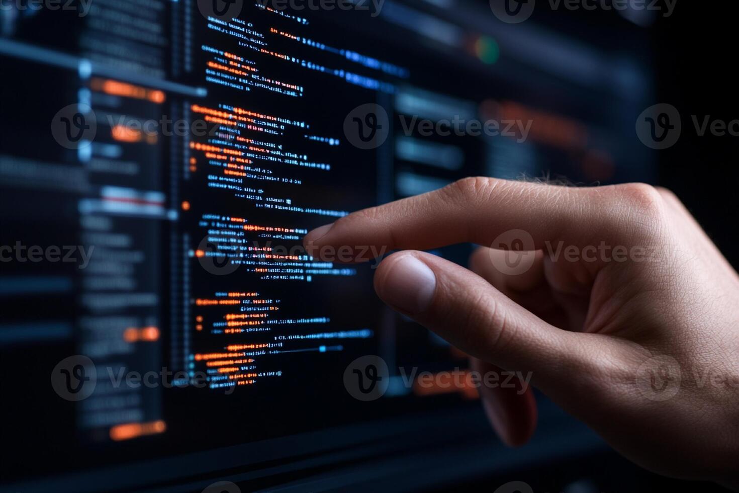 A person is pointing at a computer screen with code on it photo