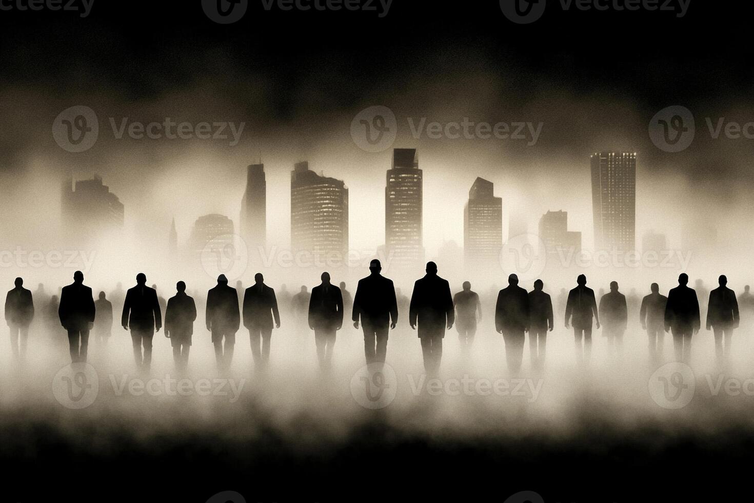 Silhouettes of people walking in the fog photo
