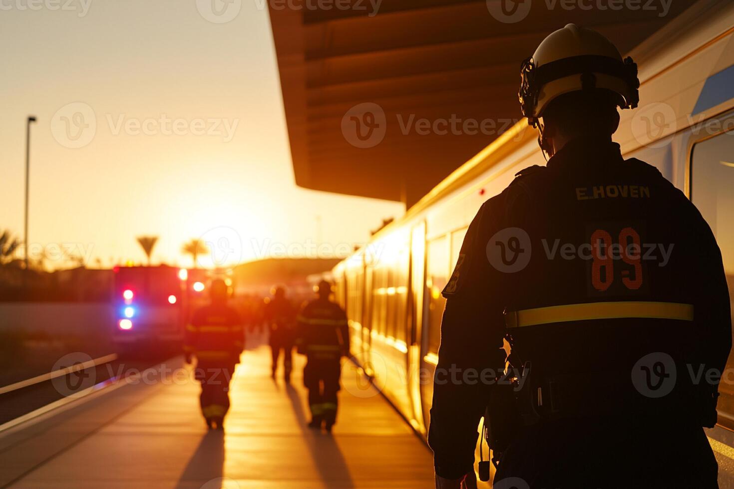 A man in a fire suit standing next to a train photo